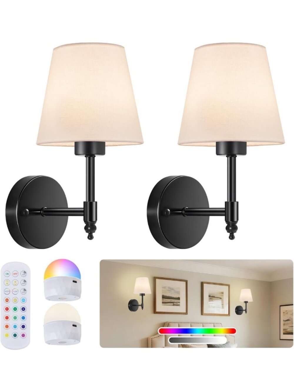 Rechargeable Wireless Wall Sconce Set of 2 - Battery Operated Indoor Lighting
